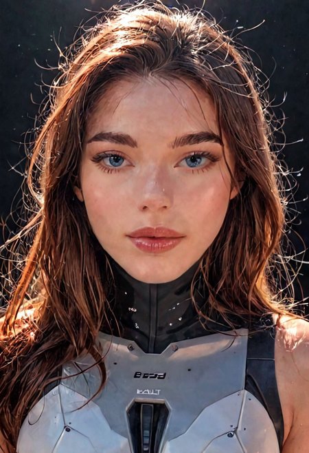 score_9, Raw Photo, (right three-quarter angle:1.3), 4ng3l face, bright blue eyes, subtle optimistic look, brown hair with movement:1.1, elegant eyebrow curve, defined cheekbones, small careful smile:1.2, reserved happy expression, flawless skin:1.2, facial harmony:1.2, ultra sharp facial details:1.4, tech suit elements, gentle lighting:1.3, cinematic color grading, sharp details:1.4, realistic skin texture:1.4, super detailed, photo realistic, masterpiece