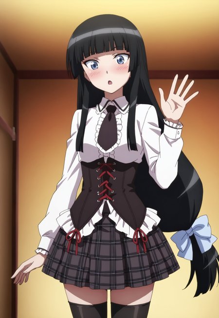 masterpiece,best quality,amazing quality,absurdres, anime_coloring,anime screencap, 1girl, solo, shiraume ume, blue eyes, black hair, long hair, hime cut, blunt bangs, low-tied long hair, very long hair, hair bow, white hair bow, harsg dress, thighhighs, necktie, plaid skirt, corset, frills, gradient background, waving, blush, surprised,