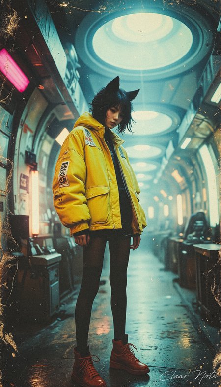 Neo Photorealistic Art Style, A Japanese girl with long fox ears and black hair obscuring her face stands boldly in neon yellow futuristic fashion. Red sneakers and black stockings contrast sharply as she poses amid countless glowing tube lights, embodying surreal Neo-Japan style.