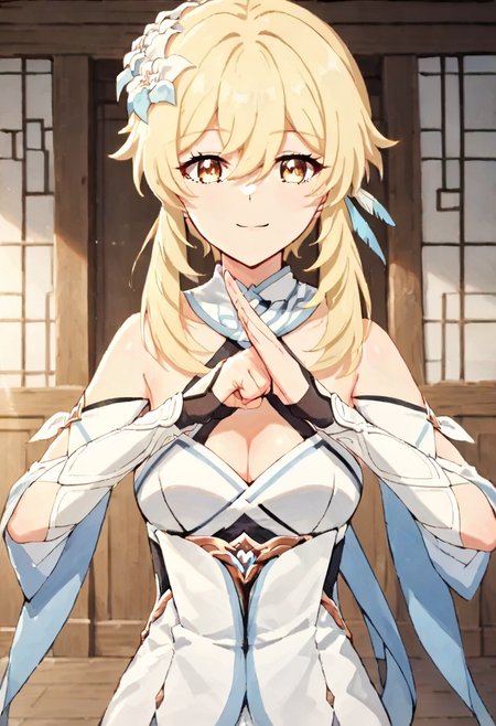 (fist-palm salute:1.5), score_9, score_8_up, score_7_up, source_anime, ultra detailed, 
Generate a picture of a girl making fist-palm salute in a big garden in front of a big traditional Chinese building,  (fist and palm folded in front), (hands together), front view,  she is wearing a yin_yang_print robe, white pants, barefoot, looking at viewer seriously with light smile,
lumine \(genshin impact\). The girl has yellowish white skin, middle blonde hair with long bangs and hair between eyes, she has yellow eyes, wearing feather hair ornament and hair flower, she has tender and slender body with medium breasts and cleavage, bare shoulders and detached collar,
 , ,<lora:fist-palm_salute_Pony-000008:0.8>,<lora:genshin-lumine-2024-short-ponyxl-lora-nochekaiser:1>