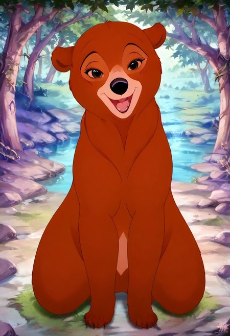 Bear, cartoon, female, Nita, Disney, 2d, detailed forest background, bipedal, full body, <lora:J_cartoon:0.7>, j_cartoon, <lora:MeekoXL:0.9>, Disney, score_9, score_8_up, score_8, solo, (feral), detailed fur, ((happy expression)), ((looking at viewer seductively:1.6)), breathtaking, environmental lighting, professional, highly detailed, ((detailed shaders)), beautiful, high quality, night-time, outdoors, dark forest, <lora:Furtastic_Detailer:1>