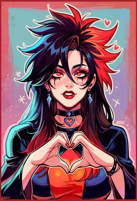 score_9, score_8_up, score_7_up, high quality, bright multi colored eyes, 1 goth women fully clothed for winter,  ((black choker, vintage clothes, midage clothes, fantasy clothes, heart hands, crazy wild hair style)),   geometric  multi colored hearts all over background, large breasts,  long hair,   love, aesthetic, face in love, (Red glowing border around image,:1.3)