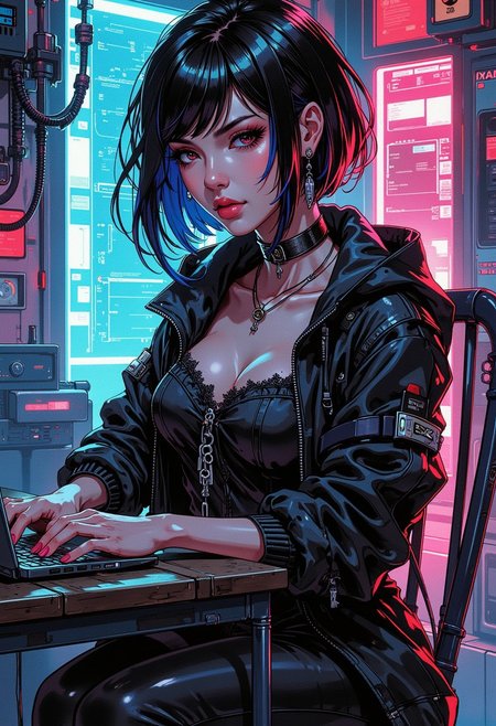in the style of ck-mgs, A digital artwork in the style of cknc, image of stunning oriental goth female cyberpunk hacker, multicoloured bob, dark hair with blue and red streaks, bangs, lips parted, choker, long earrings, skintight jumpsuit, typing on laptop in cyberpunk laboratory