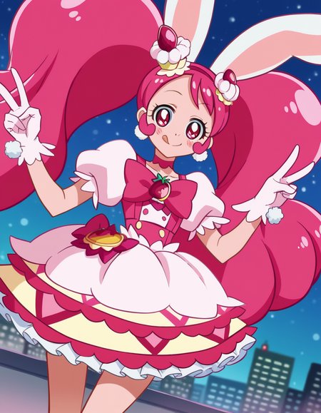 score_9, score_8_up, score_7_up, source_anime,
<lora:ichika-usami-anime-ponyxl-lora-nochekaiser:1>, ichika usami, hair ornament, twintails,
gloves, dress, bow, animal ears, jewelry, pink hair, earrings, choker, puffy sleeves, white gloves, rabbit ears, magical girl, pink bow, pom pom \(clothes\), food-themed hair ornament, pink choker,
cityscape, smile, blush, v, v over eye, tongue out,
looking at viewer, cowboy shot, dutch angle, solo,