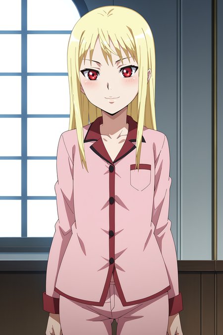 score_9, score_8_up, score_7_up, source anime, prefect lighting, very aesthetic, BREAK, anime screencap, anime coloring,
<lora:mina_tepes_v1:1>, 1girl, mina tepes, dance in the vampire bund, blonde hair, red eyes, flat chest, pajamas,
BREAK, light smile, blush, wide hips, 
BREAK,