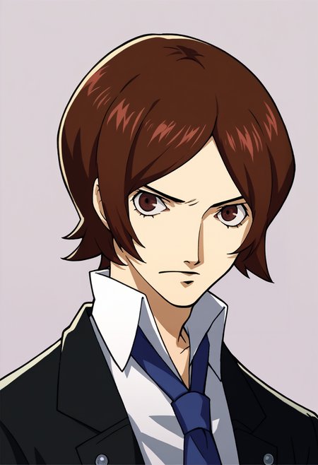 score_9, score_8_up, score_7_up, source_anime, BREAK, solo, 1boy, looking at viewer,  <lora:P5-Portraits-pdxl_Fp:1>, simple background, portrait, <lora:Tatsuya-pdxl_Fp:1>, tatsuyais, brown hair, brown eyes, short hair, school uniform, collared shirt, blue necktie, black jacket,