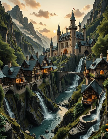 A breathtaking medieval fantasy city nestled in a lush valley, surrounded by towering mountains and dense forests. A grand castle with multiple towers and turrets stands atop a hill, overlooking the town below. The city consists of charming half-timbered houses with glowing windows, perched on rocky cliffs and connected by stone bridges over cascading waterfalls. The river flows through the village, reflecting the warm golden lights of lanterns and torches. Ivy and moss grow over the stone walls, adding to the enchanted, ancient atmosphere. The background features misty mountains with additional fortresses and watchtowers, partially hidden by low-hanging clouds. The sky is illuminated by a soft, warm sunset, casting a golden glow on the scenery, creating a perfect blend of realism and fantasy. Highly detailed, cinematic, and immersive, with a magical, fairy-tale ambiance.
<lora:SDXLFaeTastic2400:0.4> <lora:extremely_detailed:0.4> extremely detailed, ,medieval f4nt4sy c1ty <lora:medieval_f4nt4sy_c1ty-i:1>, Masterpiece,best quality,hi res,8k,hi res,8k,award winning,(sharp focus, intricate, highly detailed),