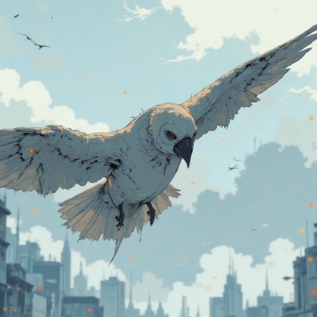 An aerial view from the sky, capturing a majestic bird in flight, its head and upper body in close-up, wings spread wide against a backdrop of infinite white. The bird’s feathers glisten with subtle, intricate textures—its plumage a mix of soft gray, white, and hints of deep brown, blending seamlessly with the snow-covered landscape below. Its sharp, piercing eyes are fixed on the horizon, conveying a sense of purpose and power.
Below, the earth stretches endlessly, a pristine expanse of snow glowing softly under diffused light. The landscape is blanketed in white, with faint details emerging: the dark lines of frozen rivers winding like veins, the jagged peaks of distant mountains breaking through the snow, and the faint outlines of barren trees standing as quiet sentinels. Shadows are soft and pale, adding depth without disrupting the purity of the scene.
The perspective emphasizes the bird’s movement, its body slightly tilted as it glides effortlessly through the cold, silent air. Behind it, the horizon fades into a misty white, blurring the boundary between sky and earth, creating a sense of endless space and serene isolation. The composition captures a moment of graceful solitude, the bird a living contrast to the vast, frozen stillness below.