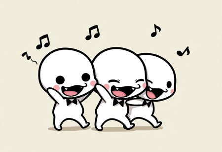 ch0rus_RH, 3boys, clone, multiple boys, lineup, no nose, white skin, solid circle eyes, black eyes, :3, smile, open mouth, fangs, tongue, masterpiece, absurdres, amazing quality, ultra-detailed, best quality, miniperson, short, no humans, chibi, black bowtie, hands up, full body, blush stickers, slightly chubby, music note, group hug, one eye closed, closed eyes, laughing, happy, cute, 
BREAK 
simple background, abstract background, shadow, detailed shading,