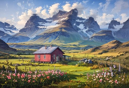 Icelandic landscape scene, steep mountain valley, lush green fields, small lumbermill, simon stalenhag, storm, dark clouds, windswept, stormy weather, complementary colors, ((Highest quality:1.0),(High resolution:1.0), (masterpiece:1.0), (ground level view:0.6, viewer looking up:0.6), beautiful and aesthetic:1.3), extreme detailed, colorful, highest detailed,((ultra-detailed)),(highly detailed CG illustration),,