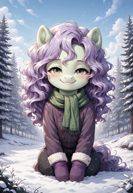masterpiece, score_9_up, score_8_up, score_7_up, score_6_up, source_furry, (best quality:1.1), ultra-detailed, high resolution, solo, highly detailed macro illustration BREAK 1girl, feral pony, (green eyes), long eyelashes, (light purple soft wavy hair), light green fur, (cute face:1.3), on knees, <lora:anyas-heh-face-ponyxl-lora-nochekaiser:1> anyas heh face, anya's heh face (meme), smile, smug, BREAK winter coat, green scarf, purple gloves, surrounded by a snow-covered forest, soft snow falling, footprints in the snow, outside, winter BREAK sharp focus, perfect lighting, anatomically correct, extremely detailed, high detail, detailed background, OverallDetail, zPDXL3, good_hands