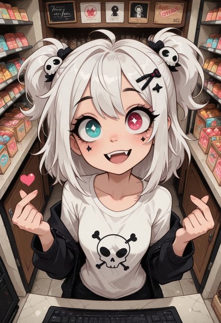 tim burton style, bill watterson style,
1girl,
masterpiece, best quality, amazing quality,
from above, foreshortening,
(star facial mark), pastel eyes, skull hair ornament, white hair, ahoge, medium hair, two side up,
print shirt, open jacket, off shoulder, 
excited, fangs, head tilt, finger heart,
shop, candy store,
very aesthetic, absurdres, hyper-detailed, 8k uhd, absolutely eye-catching, ambient occlusion, raytracing,