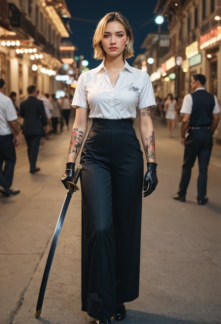 score_9, score_8_up, score_7_up zPDXL3   asian (elegant yakuza) chinese young woman, burn scar, full-figured build, short blonde curtain bangs hair, green eyes, yakuza tattoos, wearing a short-sleeved white shirt, black chinos, oxford shoes, leather gloves,holding a katana, set in Hostess Club, VIP Area, secluded section with exclusive seating, private bar with premium liquors, elegant decor and artwork, attentive hostesses catering to VIP guests , at night  ,zPDXLrl,  dynamic pose,   <lora:detailed_notrigger:1>