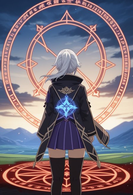 ffxv style, 1girl, japanese clothes, ponytail ,white hair, purple eyes, magic circle, blue fire, blue flames, wallpaper, landscape, blood, blood splatter, depth of field, night, light particles, light rays, sidelighting, thighs, fate \(series\), genshin impact, ****, open jacket, skirt, thighhighs, cloud, anime coloring, 2d, flat coloring, cel shading, cel shaded BREAK  PonyXLV6_Scores