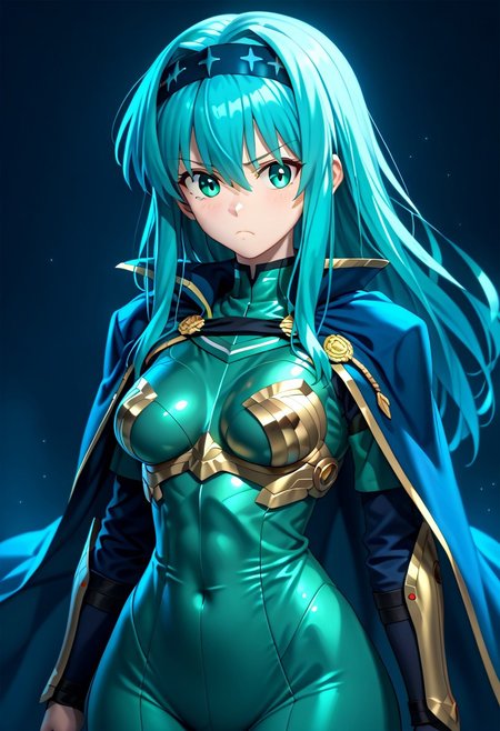score_9, score_8_up, score_7_up, ((solo)), calm, pout, closed mouth, 1girl, solo, (medium breasts, thin waist, wide hips), peaceful, closed mouth, adult, (((eirika face))), (((cyan hair, cyan eyes))), ((long hair, hair between eyes)), (((indigo cape, metal headband, green metal_uniform, metal breast_armor))), no background, dark background, cowboy shot, dark background, portrait, Expressiveh,