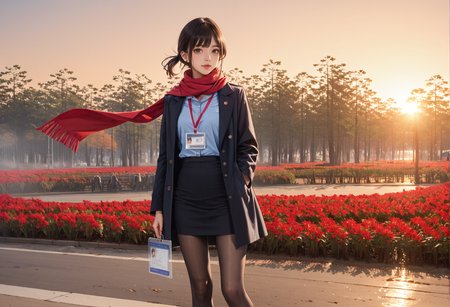 ,ruanyi0956,outdoors,sunset,,ruanyi0904,black skirt,blue shirt,coat,red scarf,red lanyard,ID card,black pantyhose,<lora:0956 Red flowers everywhere_v1_pony:0.8>,<lora:0904 Douki Chan clothing_v1_pony:0.7>, score_9,score_8_up,score_7_up,,8k,1girl,solo,,