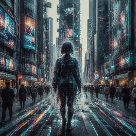 Tokyo street scene fragmenting into glitch art masterpiece, billboards melting into data corruption, pedestrians becoming digital phantoms, urban reality dissolving into cyberpunk marvel
..,masterpiece, best quality, newest, absurdres, highres, safe, glitch, flickering, digital, glitch style, mobe-cedeen