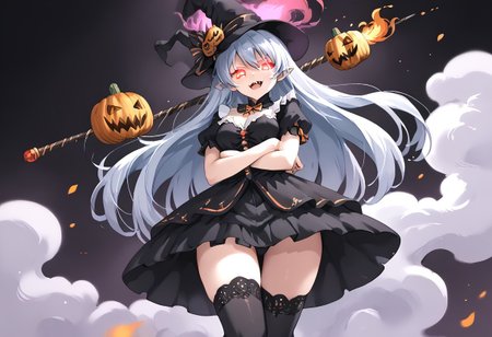 (masterpiece), (score_9, score_8_up, score_7_up,source_anime), 4K8K, 
(from below), misty, steam, fog, Floating Halloween pumpkins, 
halloween, halloween fantasy, 
pumpkin head woman, Pumpkinhead, Sitting on a throne, (solo), (Glossy skin, pale skin:1.3),  (crossed arm, hold stick), burning pumpkin, (dark aura:1.4), (smirk, half-opened mouth, Canine, tooth, fang1.2), 
(medium figure:0.9), (pointy breasts:1.1), 
(glowing eyes), 
(wearing vampire cos, dress, makeup, red and black dress, Miniature Hats, zettai ryouiki, thighhighs:1.2), 
(emperor's audience room, dark room:1.3), elf ears,