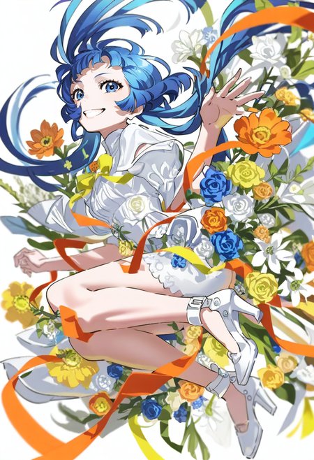 <lora:yoneyamaiXL_il_lokr_V53P1:0.95> 1girl, solo, flower, blue hair, long hair, smile, white flower, blue eyes, looking at viewer, blue flower, white footwear, high heels, floating hair, orange flower, yellow flower, shoes, white background, ribbon, grin