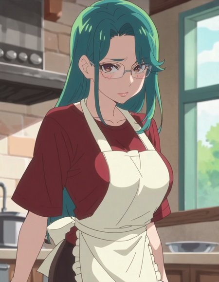 score_9, score_8_up, score_7_up, anime screencap, solo,1girl,   green hair,glasses,red shirt,apron,  long hair, looking at viewer, large breasts,cowboy shot,blush,<lora:Secretoru:0.8>