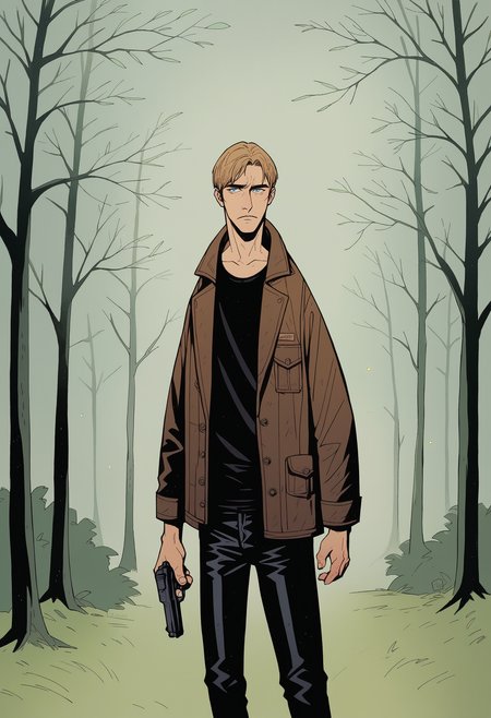 score_9, score_up_7, <lora:Mike_Mignola-guy90-Pony-Lycorisv1:1> alomik, 1boy, solo, leon s. kennedy, night, leather jacket, black pants, black shirt, brown jacket, handgun, forest