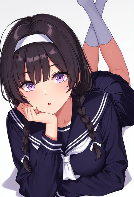 Smooth Quality,masterpiece,very intricate, high quality details, ultra realistic, high detailed skin,detailed enviorement,absurdres,
 <lora:Suzune_Kagami_CNR:0.8> susune_cnr,black hair, long hair, twin braids,purple eyes, medium breasts,white hairband, school uniform,black serafuku,pleated skirt,black skirt, blue shirt, long sleeves,kneehighs, socks,, simple background, white background, from below,solo,
lying on stomach, legs bent upward, ankles crossed, arms folded under chin  ,, :o,