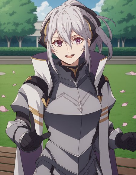 score_9, score_8_up, score_7_up, source_anime, <lora:jeanne-e-anise-s1-ponyxl-lora-nochekaiser:1>, jeanne e anise, bangs, purple eyes, ponytail, hair ribbon, black ribbon, hair between eyes, grey hair, medium breasts,, gloves, black gloves, cape, armor, breastplate, park, cherry blossoms, bench, gentle breeze, peaceful, running, open mouth,, , looking at viewer, v, v over mouth, smug,, solo,, cowboy shot, dutch angle