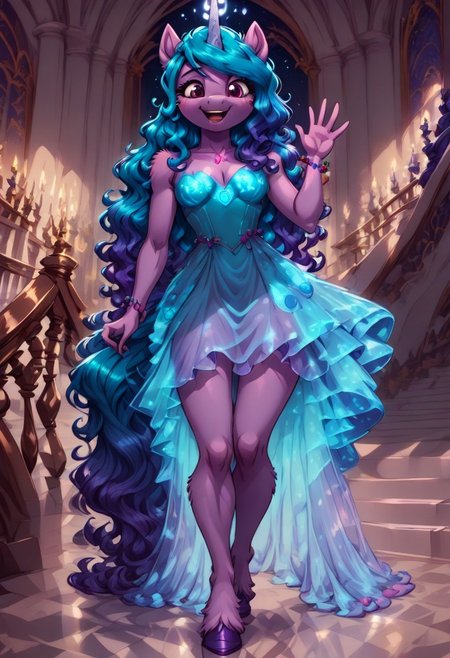score_9, score_8_up, score_7_up, anthro,
(((Izzy Moonbow))), unicorn,
facing viewer, front view, female focus, view from chesthight,
g5, pony, female, mare, tail, dock, solo, 1girl, highly detailed, beautiful, detailed eyes, detailed fur, beautiful eyes, (tall), ((perfect body proportions), (beautiful long legs),
small breasts, show accurate skin colour,
long hair, fluffy hair, biggest hair,
(((walking ((down)) a grand staircase))), (((waving to viewer))), ((happy, excited, smiling at viewer invitingly)),
(((wearing a beautiful, eyecoloured, bioluminescent, shoulderfree ballgown))), glowing ballgown,
BREAK,
highly detailed background, (((nighttime))), night
inside Canterlot castle, ballroom, ((grand staircase)), mirror marble floor, (((dimmed lights in the room))),