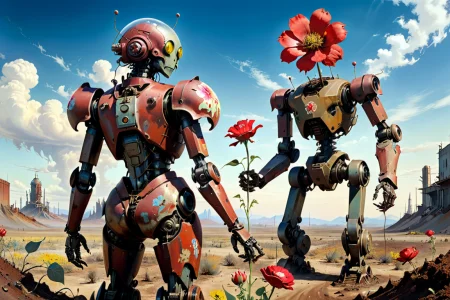 asymmetrical composition,  contrapposto, (art concept by Salvador Dali), (cute soviet punk mecha:1.6), (giving a flower to an alien), ultra-wide lens perspective, low angle perspective, grim, moody, surreal film, cinematic evening  light, (blood and dirt on the slightly rusty armor), extremely kinky parts, ethereal landscape,  <lora:xl_more_art-full_v1:0.6>  <lora:add-detail-xl:0.7>