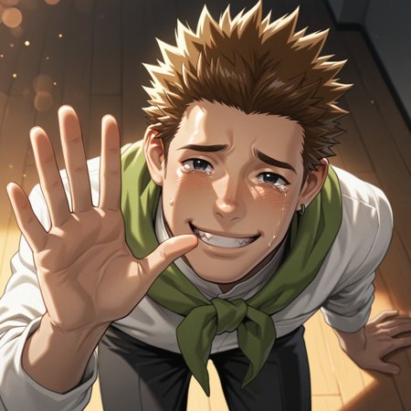 masterpiece, best quality, amazing quality, absurdres, newest, detailed background, definition so sharp, Ultra-HD, 8K cinematic, very awa, impressionate, amazing quality, highres, 
solo, male focus, manly, shadow, shiny skin, bokeh, warm light, light particle, looking at viewer, 
1boy, short hair, spiked hair, earrings, masahiko_brunette, masahiko_black eyes, tsukijigaokamasahiko, green scarf, white shirt, long sleeves, black pants, smile, tears, happy face, waving hand