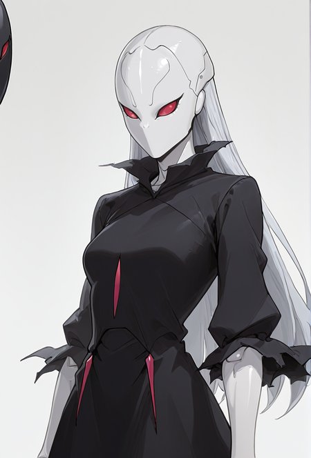 Smooth Quality,masterpiece,very intricate, high quality details, ultra realistic, high detailed skin,detailed enviorement,absurdres,
simple background, white background, 
sway back,despair,
 <lora:Berettacnn:0.8>  beretacnn,.1girl, long hair,red eyes, (mask:1.1), black dress,silver hair, doll joints, no humans, no mouth,