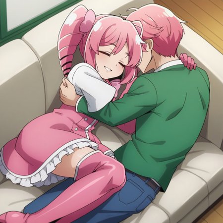 score_9, score_8_up, score_7_up, <lora:mahou_shoujo_ni_akogarete_-_hanabishi_haruka:1>, haruka, twintails, pink_hair,  drill_hair, green_eyes, pink_gloves, elbow_gloves, long_sleeves, pink_dress, hair_ornament, pink_bowtie, jewelry, thigh_boots, pink_footwear, sleeping, lying, on couch, from_above, dutch_angle, , smile, parted_lips, head_tilt, indoors, living room, hugging 1boy, cuddling,