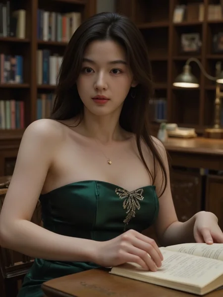 There are wonderful studio lights and various reflections,
18yo beautiful cute girl with blushing and female orgasm.skin naturally showing the texture of blood vessels and detailed pale skin,
--,harvy rain,
<lora:Gianna_Jun_f1a:1>,she is Gianna Jun,a beautiful korean actress., Appearance: A girl with an air of sophistication, her eyes deep and enigmatic. Her skin is flawless and radiant, with a natural glow that seems to emanate from within. Her dark hair is styled in loose waves that frame her face.Emotion: Her expression is calm and composed, yet there is a hint of mischief in her eyes.Action: She sits at an old wooden table in the library, her fingers delicately turning the pages of an ancient book. She occasionally glances up, her gaze sweeping over the room with a sense of quiet authority.Clothing: She wears a sleek, form-fitting dress made of reflective, deep emerald green fabric that clings to her curves and accentuates her breasts with a subtle cleavage. The dress is adorned with intricate, metallic embroidery that catches the light, adding a touch of opulence.Scene: The library is filled with towering bookshelves and soft, ambient lighting. The contrast between her vibrant dress and the muted tones of the library creates a striking focal point.Lighting and Style: Soft, warm light from the library lamps bathes her in a gentle glow, highlighting the reflective fabric of her dress. The scene is captured in a realistic style, with intricate details of the bookshelves and her luxurious attire.