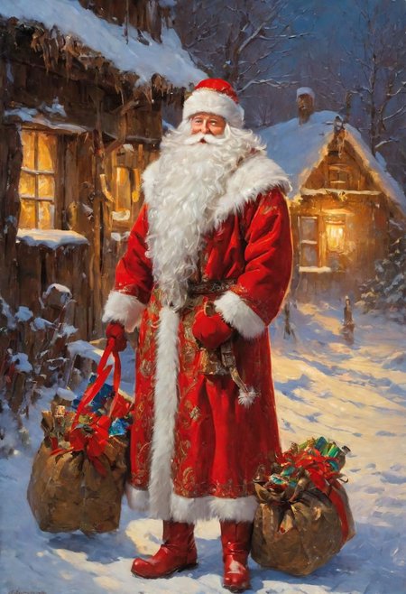 masterpiece, best quality, oil painting, dynamic pose, dynamic composition, DedMoroz, 1boy, stern face of an old man, thick eyebrows, kind eyes, long beard, large bag with gifts on your back, (red high boots:1.5), frozen, ice, ice staf, village street, peasant huts, glowing windows, snowing, frost, New year's dark night, ultradetailed, <lora:DedMoroz:1>, <lora:add-detail-xl:1.9>