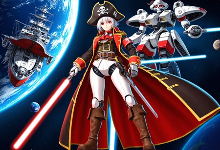 1girl, looking at viewer, red eyes, hat, holding, weapon, boots, belt, sword, holding weapon, coat, ascot, holding sword, robot, mecha, science fiction, space, red ascot, watercraft, planet, ship, pirate hat, earth \(planet\), spacecraft, energy sword, skull and crossbones, pirate, lightsaber, 