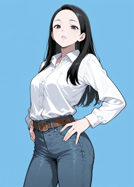 unholy-aesthetic, masterpiece, best quality, amazing quality, absurdres, 

y0sh1da,1girl, solo, black hair, long hair, black eyes, lips, medium breasts, 

White shirt, collared shirt, long sleeves, belt, denim, jeans,

, standing, hands on the hips, cowboy shot, looking at viewer, standing, simple background, dark blue background, 