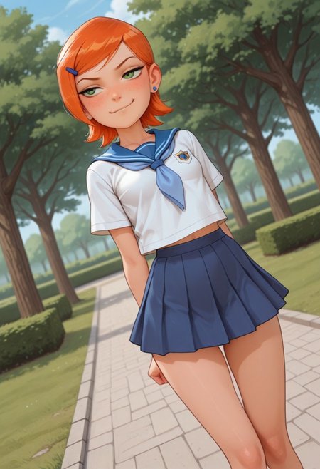 masterpiece, best quality, good quality, very aesthetic, absurdres, newest, 8K, depth of field, focused subject, mythp0rt,
stylized, wabi sabi, 
1girl, Gwendolyn_Tennyson, orange hair, short, hair, freckles, cute,
smug,
petite body, small waist, curvy, thighs, shapely legs,
small breasts,
school uniform,
dynamic angle,
park,