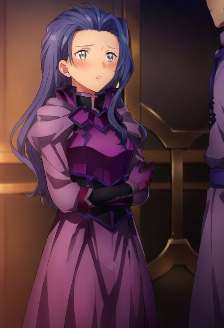 score_9, score_8, score_7, source_anime, lipia zancale, blush, indoors, purple dress, dress, gloves, parted lips