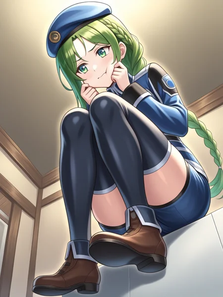 perfect quality,best quality,absolutely eye-catching,ambient occlusion,raytracing BREAK
1girl,<lora:annnu rennpou IL v1.1:0.8>,rennpou,green eyes,green hair,(single braid ponytail:1.2),beret,military uniform,long sleeves,shorts,thighhighs,shoes,, from below, looking away,portrait,leaning_on_object,cheek_pinching,hands_on_hips,knees_to_chest,