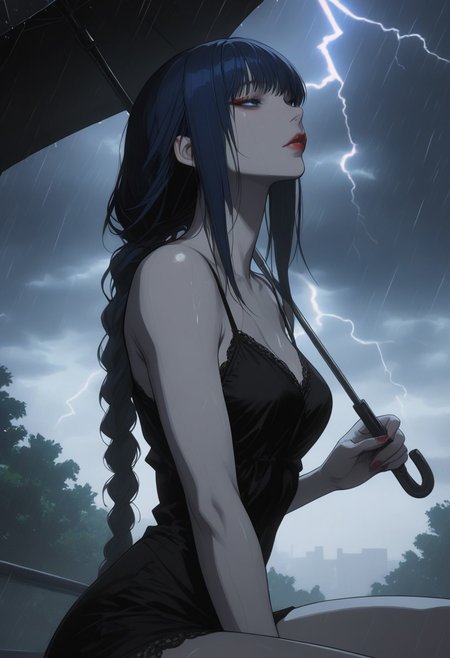 masterpiece, best quality, amazing quality, very aesthetic, detailed eyes, perfect eyes, realistic eyes, 
1woman, dark blue hair, ((hair in long single braid)), (((very long braid))), absurdly long hair, blue eyes, ((slim body)), fit slim, (small breasts), fair skin, dynamic angle, red lipstick, close up, portrait, face focus, headshot, partial side view, CCD
Wearing slender black dress, short dress, 
Sitting in a park, holding an umbrella above her, 
Heavy rain, dark stormy clouds, lightning, extremely dark,