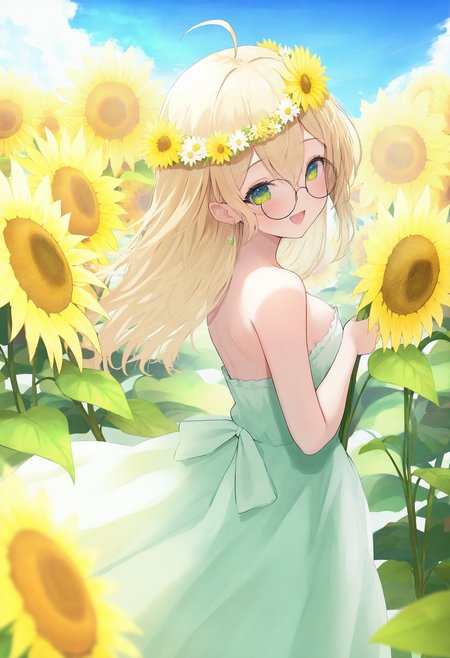 1girl, sunflower, green eyes, dress, virtual youtuber, solo, flower, blonde hair, looking at viewer, glasses, outdoors, sky, smile, ahoge, long hair, cloud, blue sky, round eyewear, day, yellow flower, open mouth, white dress, head wreath, earrings, breasts, bare shoulders, hair between eyes, strapless, looking back, green dress, holding, sundress,
masterpiece,best quality,newest,absurdres,highres,very awa,<lora:negi1_noob1.1-000186:0.8>,