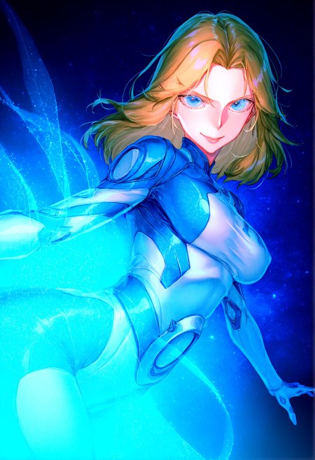 (masterpiece:1.2),best quality,very aesthetic,vignetting,dark,
momofuki rio,(rolua:1.2),
ssmv, 1girl, solo, blue eyes, looking at viewer, smile,blonde hair,   medium hair, bodysuit,  medium breasts,   skin tight, detailed background,  night, starry background,  energy,