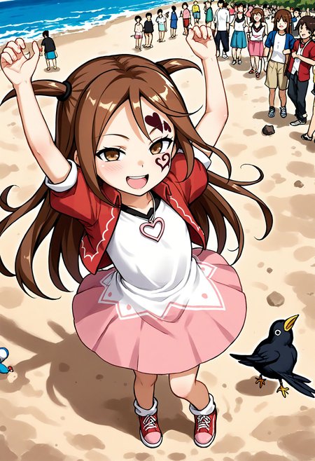 <lora:Hyper-SDXL-8steps-lora:1> <lora:Fixhands_anime_bdsqlsz_V1:1> zPDXL2, score_9, score_8_up, score_7_up, source_anime, intricate details, perfect anatomy BREAK
outdoors, beach, ocean, audience, crowd, arms up, from above, Happy,  wide smile with raised cheeks and crow's feet around the eyes., dynamic angle, 
1girl, solo, solo focus, 
<lora:MK-kagamitina_XL(pony)v10:1> mk-kagamitina, brown hair, long hair, two side up, brown eyes, facial tattoo, heart necklace, white shirt, red jaket, pink skirt, red shoes,