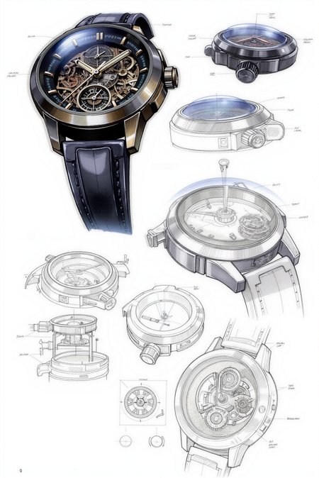 <lora:Watercolor_sketch_v.1:0.9> Watercolorsketch style.  A technical concept design sketch colored with watercolor features a luxury mechanical wristwatch, merging modern engineering with timeless craftsmanship. The bold, angular case, forged from brushed carbon fiber and polished titanium, is highlighted by deep ink contours and watercolor gradients transitioning from cool gunmetal grays to subtle hints of warm bronze. The domed sapphire crystal lens reveals a mesmerizing skeleton dial, where finely detailed gears, micro-etched bridges, and a suspended tourbillon mechanism are intricately rendered with metallic ink highlights. The luminous hands, accented with soft watercolor glows, contrast against the intricate backdrop of rotating numerals and precision-milled subdials. A side elevation sketch illustrates the ergonomic curvature of the case, with pushers and a textured crown designed for tactile responsiveness. The isometric exploded view dissects the internal componentsâcoiled mainspring, jeweled pivots, and oscillating weightâwhile a dynamic three-quarter perspective brings the watch to life, its shadowed depths and gleaming surfaces capturing the essence of technical refinement.