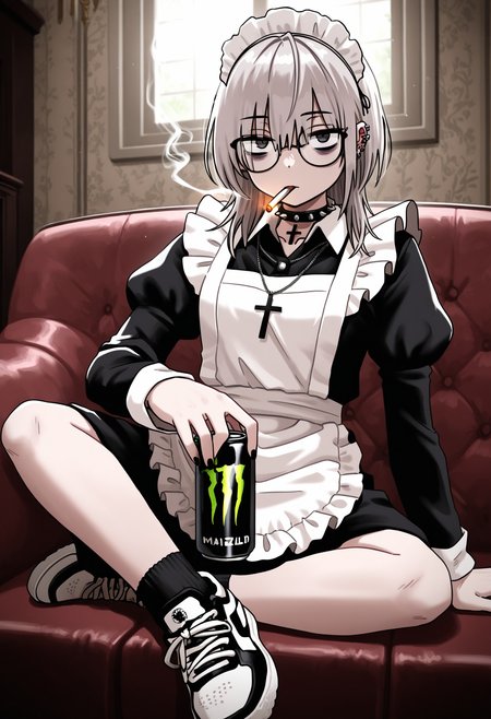 masterpiece,best quality,amazing quality,
1girl, can, cross, glasses, jewelry, maid headdress, apron, piercing, energy drink, ear piercing, holding, cross necklace, holding can, socks, necklace, sitting, collar, spiked collar, spikes, solo, looking at viewer, maid apron, medium hair, frilled apron, bangs, frills, maid, latin cross, indoors, cigarette, shoes, earrings, long sleeves, choker, bags under eyes,
<lora:Drifter:1>