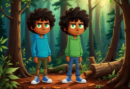 max (camp camp), cartoon theme, max (camp camp), 1boy, solo, human, male focus, curly black hair, curly tousled black hair, afro, dark skin, dark-skinned male,  large eyes, round eyes, green eyes,small nose, triangular nose, pointed nose, blue hood, blue pants,  beautiful forest horror, midjourneyv6.1, flux-style