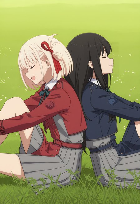 <lora:Chisato&Takina_Illustrious-000036:1>,
Chisato NISHIKIGI,
Takina INOUE,
closed mouth,cowboy shot,2girls,back-to-back,head up,sitting,outdoors,in a meadow,knee up,from_side,profile,arms on knee,smile,open mouth,closed eyes,blonde hair,black hair