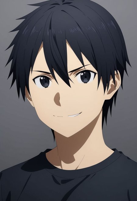 high resolution, professional photography, best quality, 1Boy, Kirigaya Kazuto, Black Hair, Black Eyes, dark t-shirt, ID Photo Style, looking at viewer, focused gaze forward, plain background, straight body, head upright, angry, smile, overalldetail