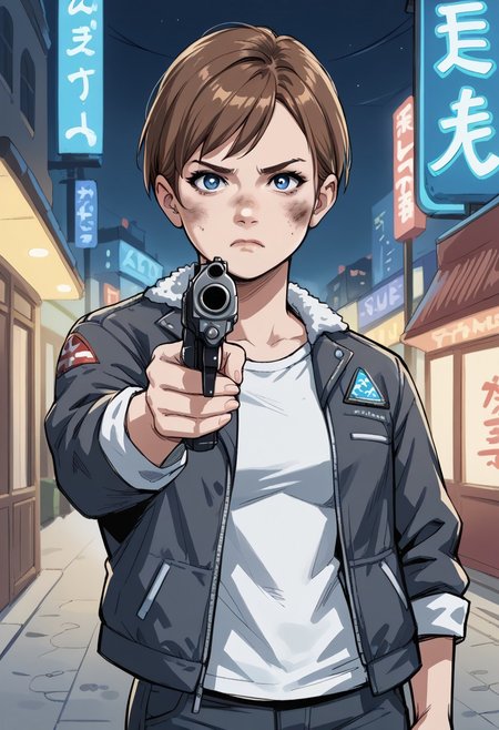 score_9, score_8_up, score_7_up, score_6_up, score_5_up, score_4_up, sketch, 1girl, short hair, bangs,brown hair, blue eyes, lips, ragged clothes, jacket, pants, dirty face, frown, outdoors, holding gun, aiming, aiming at viewer, finger on trigger,, frown, neon lights, snowy city