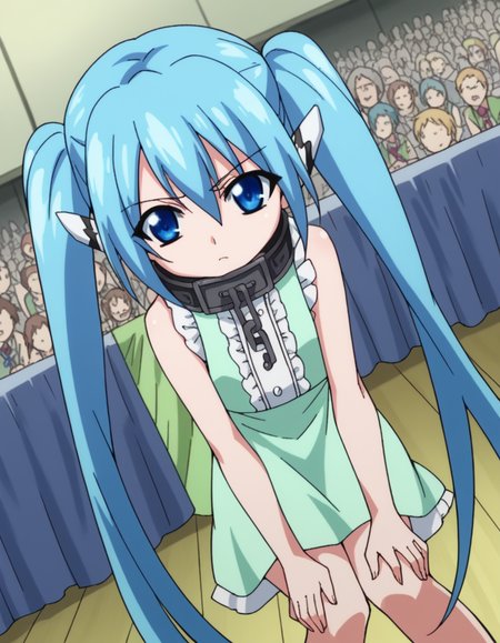 score_9, score_8_up, score_7_up, source_anime, <lora:otoshimono-nymph-s2-ponyxl-lora-nochekaiser:1>, nymph, long hair, blue eyes, twintails, blue hair, collar, chain,, dress, green dress, center frills, sleeveless,, courtroom, judge, witness stand, audience, formality, , hands on own knees, looking at viewer, solo,, dutch angle, cowboy shot